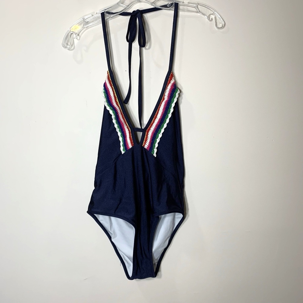 Cupshe Swimsuit Womens Medium One Piece Navy Blue‎ Crochet Trim Halter Top